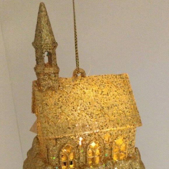 New Gold Cathedral Light Up LED Christmas Tree Ornament- with Steeple Church - Picture 7 of 7